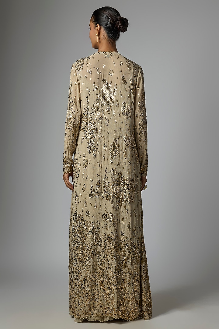 Mushroom-Colored Chiffon Sequins Embroidered Jacket Set by Nakul Sen at Pernia's Pop Up Shop