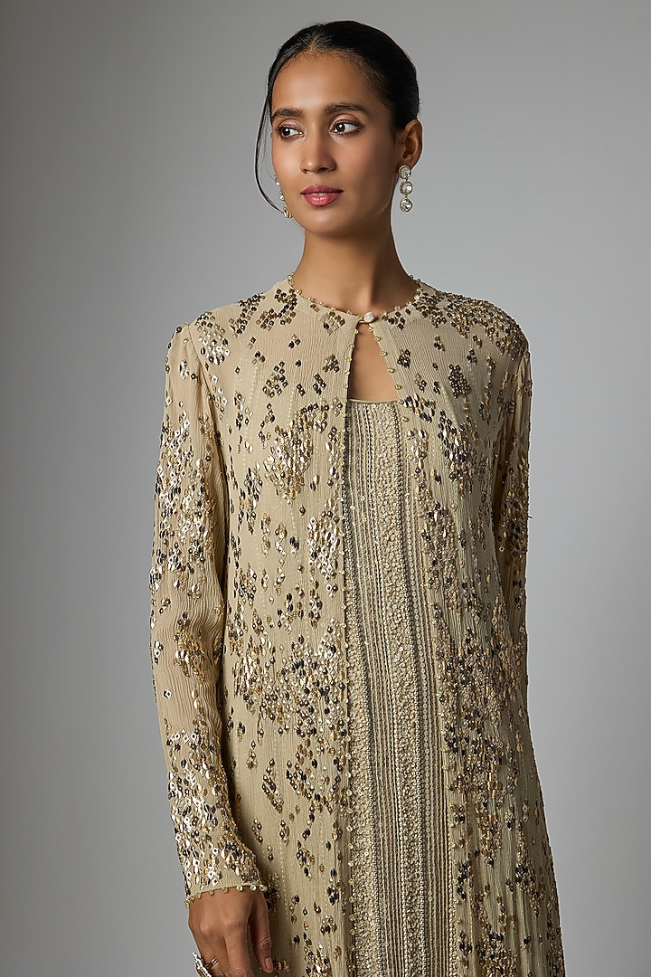 Mushroom-Colored Chiffon Sequins Embroidered Jacket Set by Nakul Sen at Pernia's Pop Up Shop