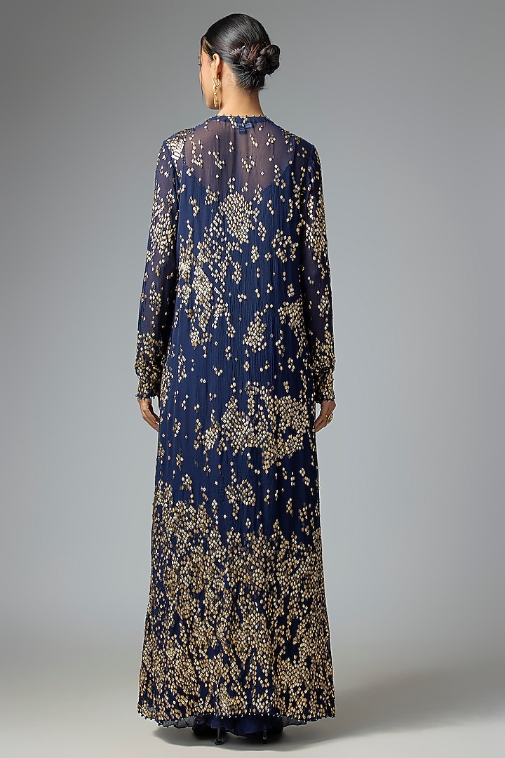 Navy Blue Chiffon Sequins Embroidered Jacket Set by Nakul Sen at Pernia's Pop Up Shop