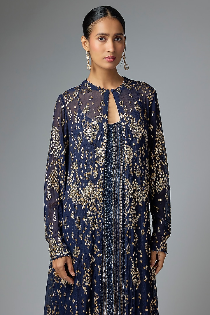 Navy Blue Chiffon Sequins Embroidered Jacket Set by Nakul Sen at Pernia's Pop Up Shop