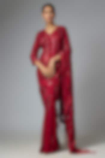 Merlot Chiffon Sequins Embroidered Bridal Saree Set by Nakul Sen at Pernia's Pop Up Shop