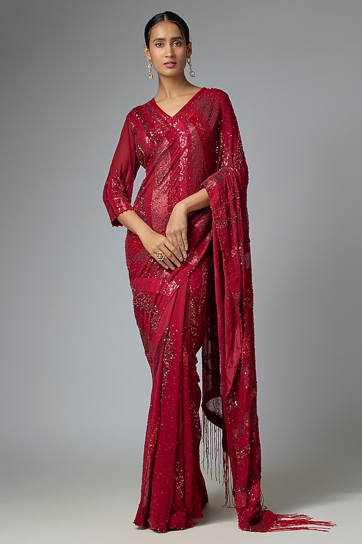 Merlot Chiffon Sequins Embroidered Bridal Saree Set by Nakul Sen at Pernia's Pop Up Shop