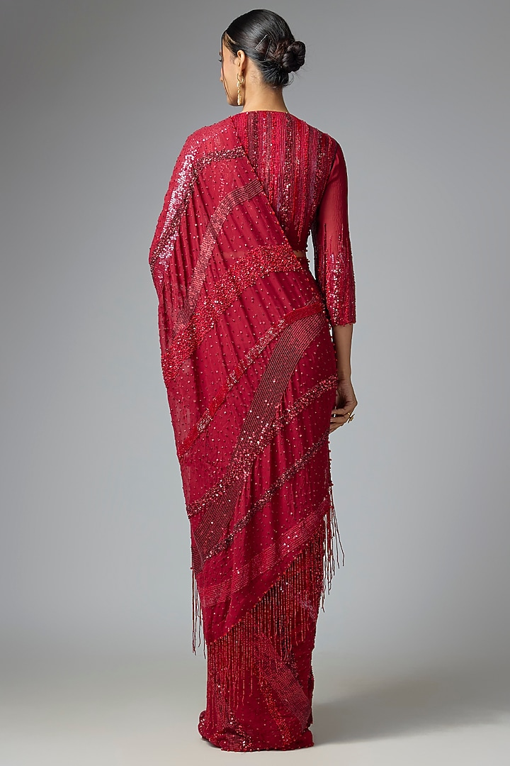 Merlot Chiffon Sequins Embroidered Bridal Saree Set by Nakul Sen at Pernia's Pop Up Shop