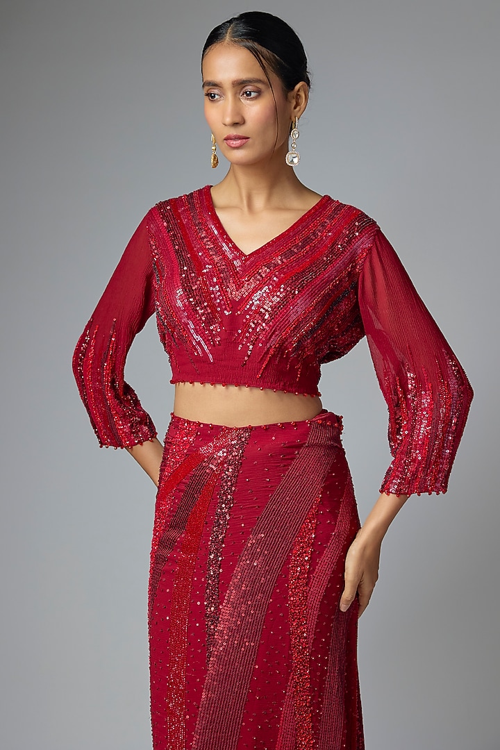 Merlot Chiffon Sequins Embroidered Bridal Saree Set by Nakul Sen at Pernia's Pop Up Shop
