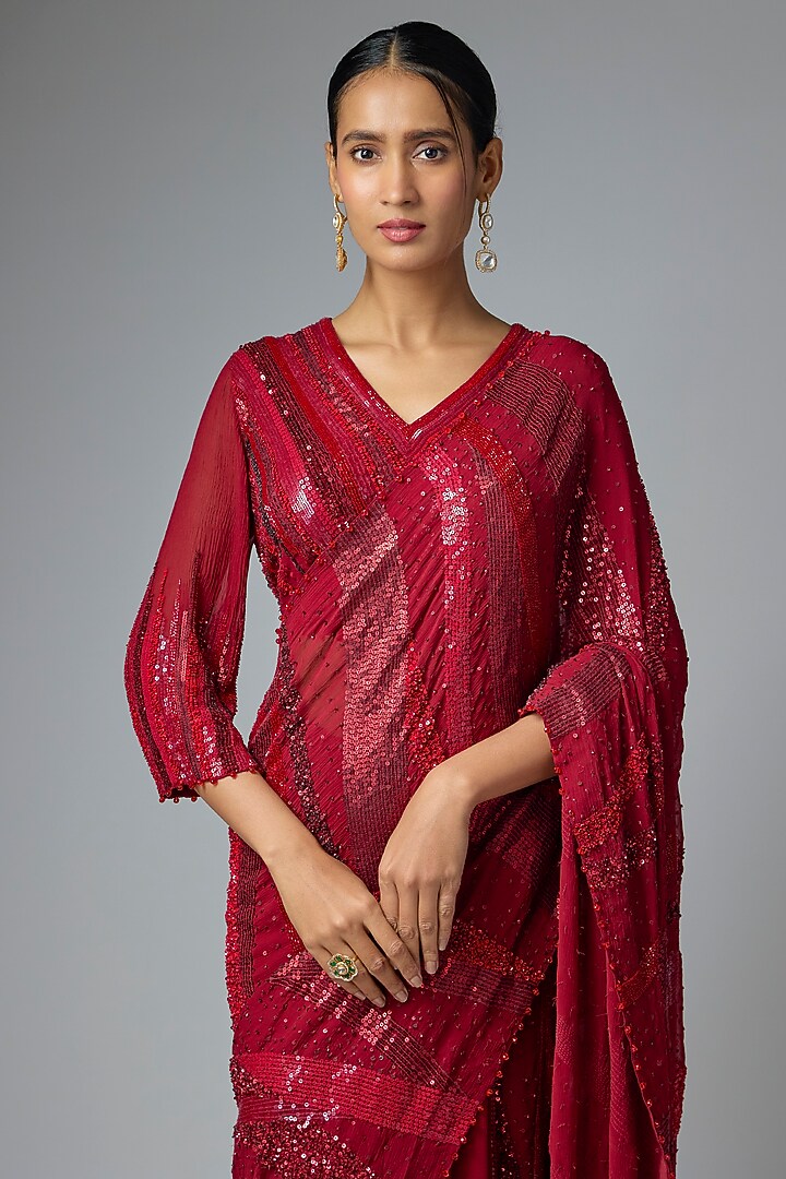 Merlot Chiffon Sequins Embroidered Bridal Saree Set by Nakul Sen at Pernia's Pop Up Shop
