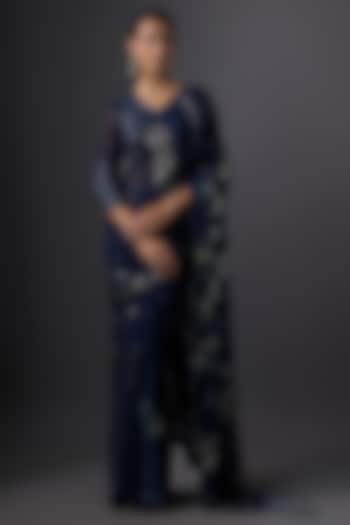 Navy Blue Chiffon Sequins Embroidered Bridal Saree Set by Nakul Sen at Pernia's Pop Up Shop