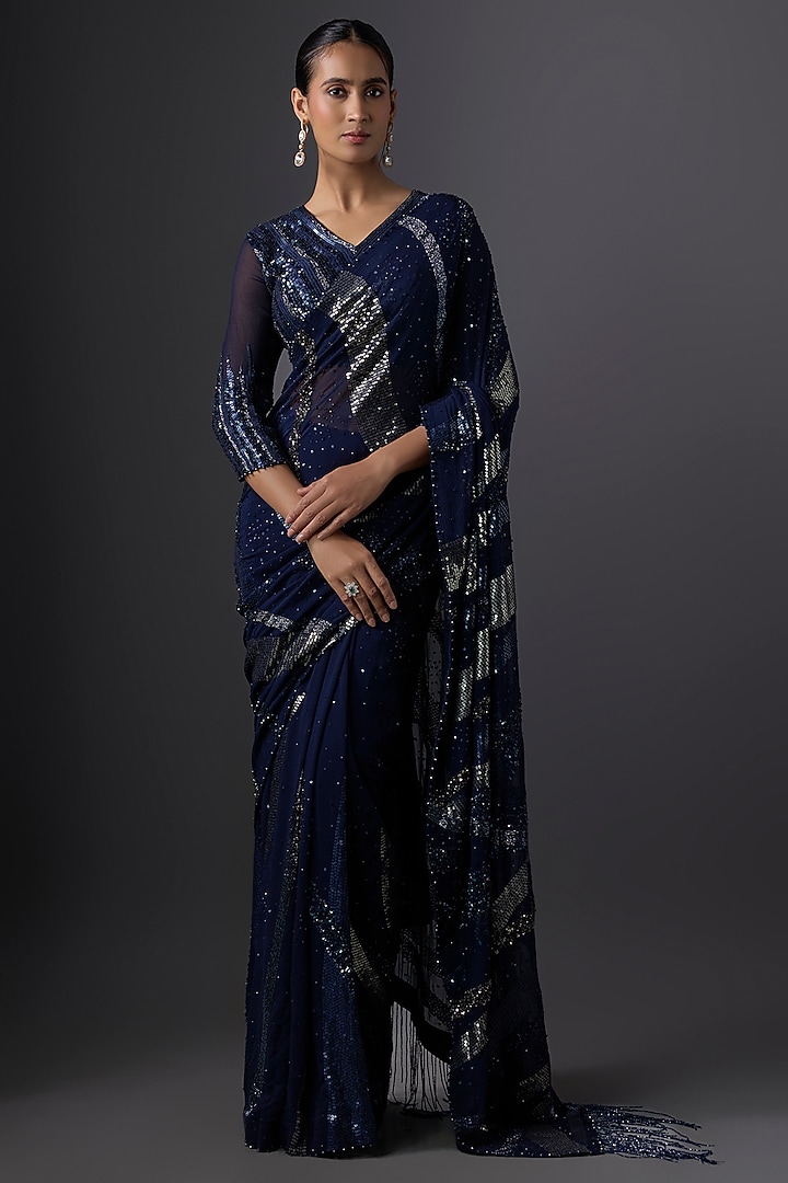 Navy Blue Chiffon Sequins Embroidered Bridal Saree Set by Nakul Sen at Pernia's Pop Up Shop