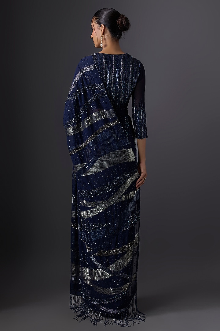 Navy Blue Chiffon Sequins Embroidered Bridal Saree Set by Nakul Sen at Pernia's Pop Up Shop