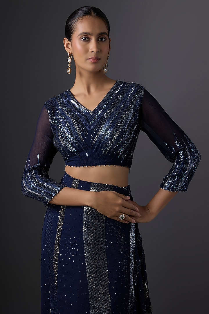Navy Blue Chiffon Sequins Embroidered Bridal Saree Set by Nakul Sen at Pernia's Pop Up Shop