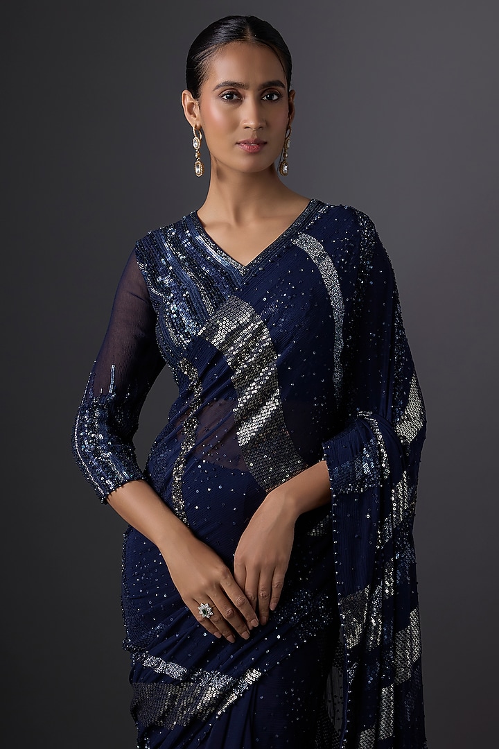 Navy Blue Chiffon Sequins Embroidered Bridal Saree Set by Nakul Sen at Pernia's Pop Up Shop