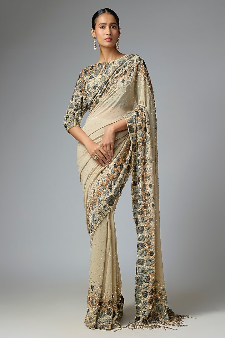 Mushroom Chiffon Sequins Embroidered Bridal Saree Set by Nakul Sen at Pernia's Pop Up Shop