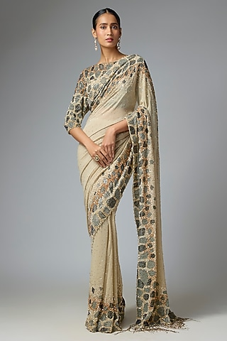 Mushroom Chiffon Sequins Embroidered Saree Set by Nakul Sen