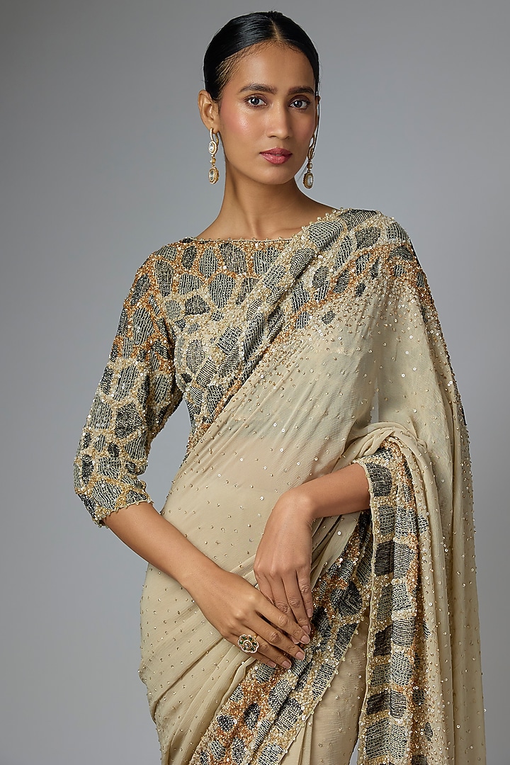 Mushroom Chiffon Sequins Embroidered Bridal Saree Set by Nakul Sen at Pernia's Pop Up Shop