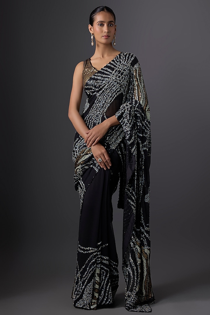 Black Chiffon Sequins Embroidered Bridal Saree Set by Nakul Sen at Pernia's Pop Up Shop