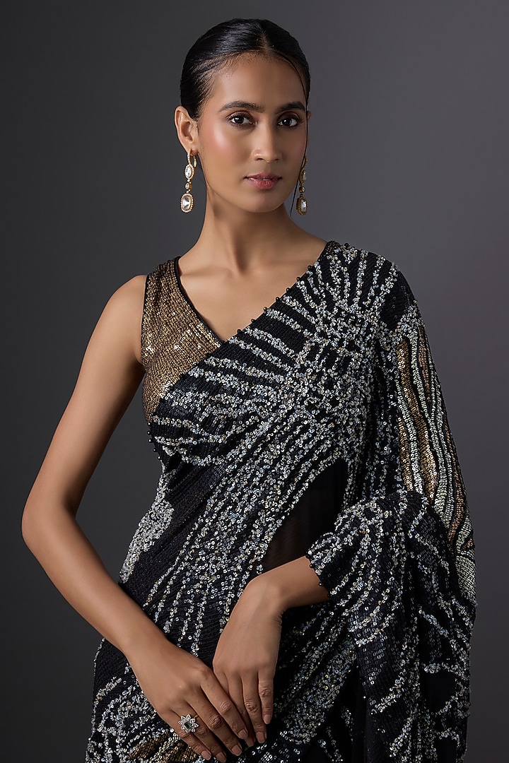 Black Chiffon Sequins Embroidered Bridal Saree Set by Nakul Sen at Pernia's Pop Up Shop