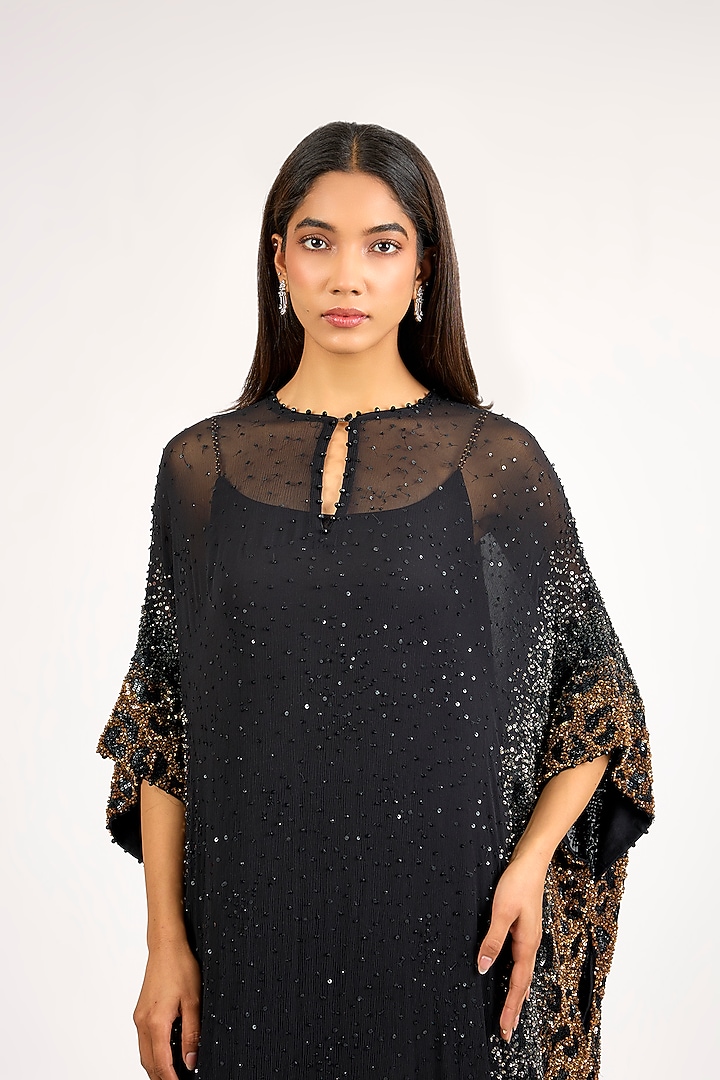 Black Chinon Sequins Embroidered Kaftan Set by Nakul Sen at Pernia's Pop Up Shop