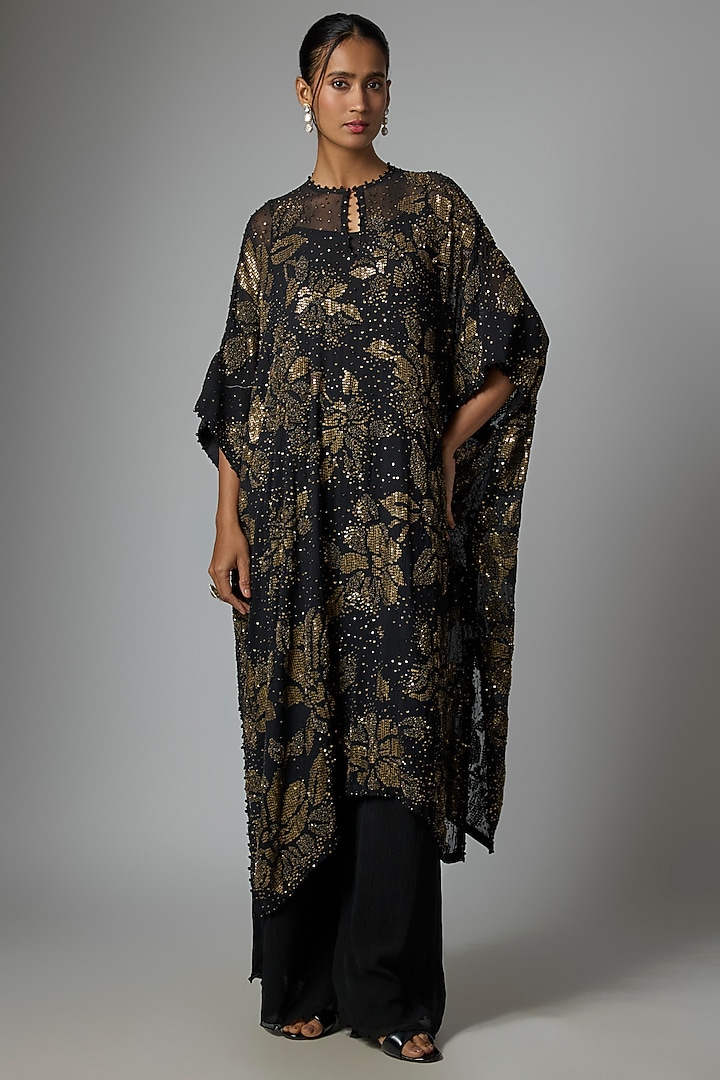 Black Chiffon Sequins Embroidered Kaftan Set by Nakul Sen at Pernia's Pop Up Shop