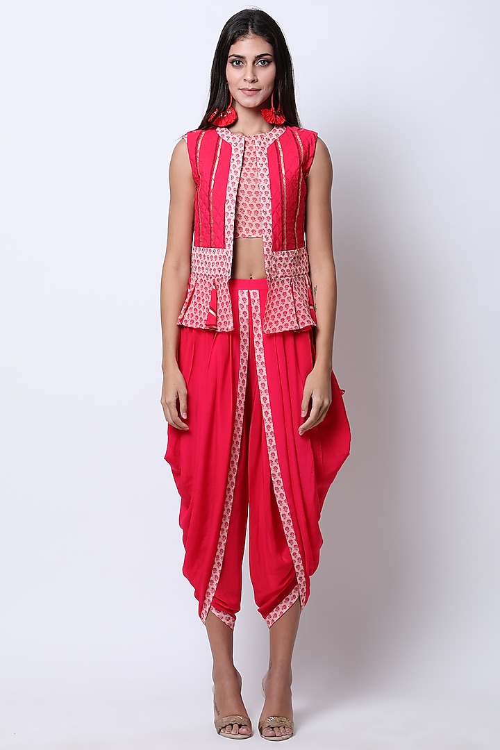 Rose Red Embroidered Printed Waistcoat With Crop Top & Pants by Nikasha