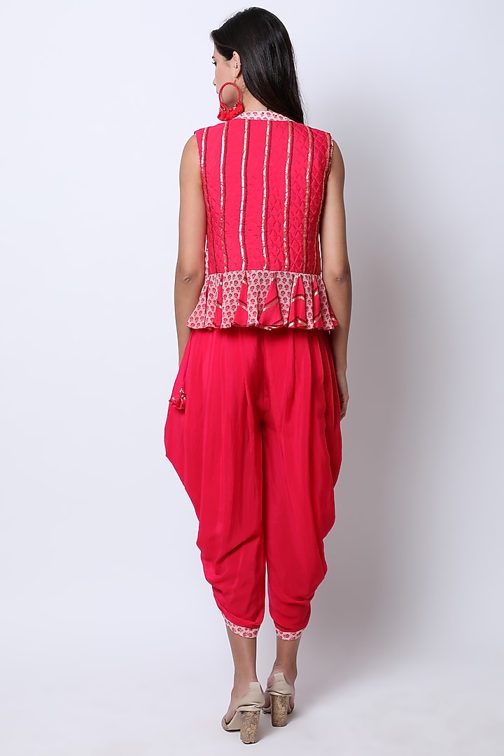 Rose Red Embroidered Printed Waistcoat With Crop Top & Pants by Nikasha at Pernia's Pop Up Shop