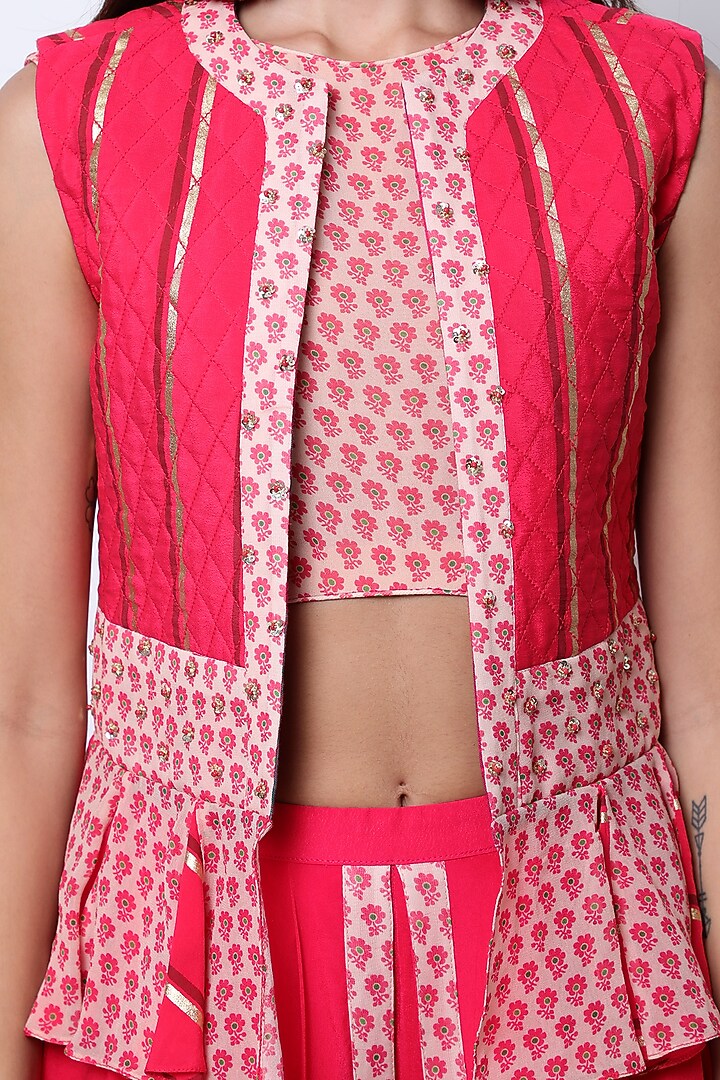 Rose Red Embroidered Printed Waistcoat With Crop Top & Pants by Nikasha at Pernia's Pop Up Shop