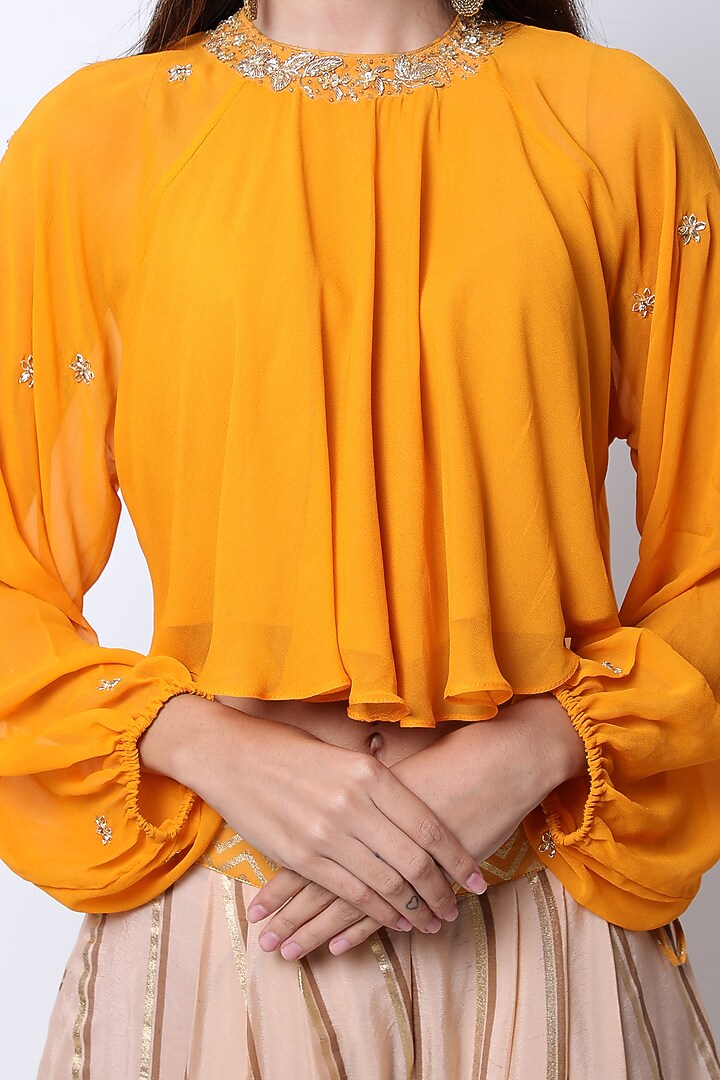 Haldi Yellow Embroidered Crop Top With Printed Dhoti Pants by Nikasha at Pernia's Pop Up Shop
