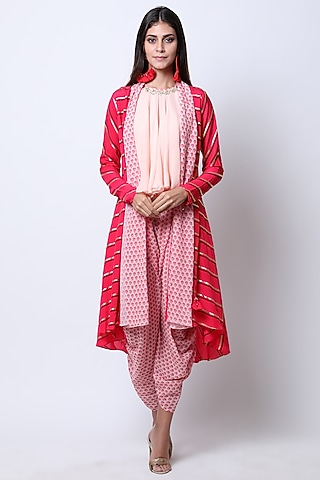 Rose Red Printed Jacket With Embroidered Top & Pants by Nikasha