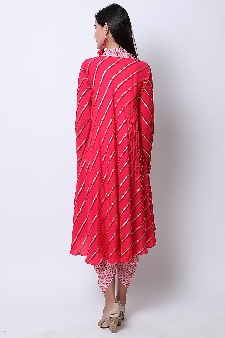 Rose Red Printed Jacket With Embroidered Top & Pants by Nikasha at Pernia's Pop Up Shop