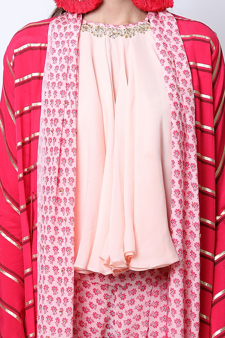 Rose Red Printed Jacket With Embroidered Top & Pants by Nikasha at Pernia's Pop Up Shop