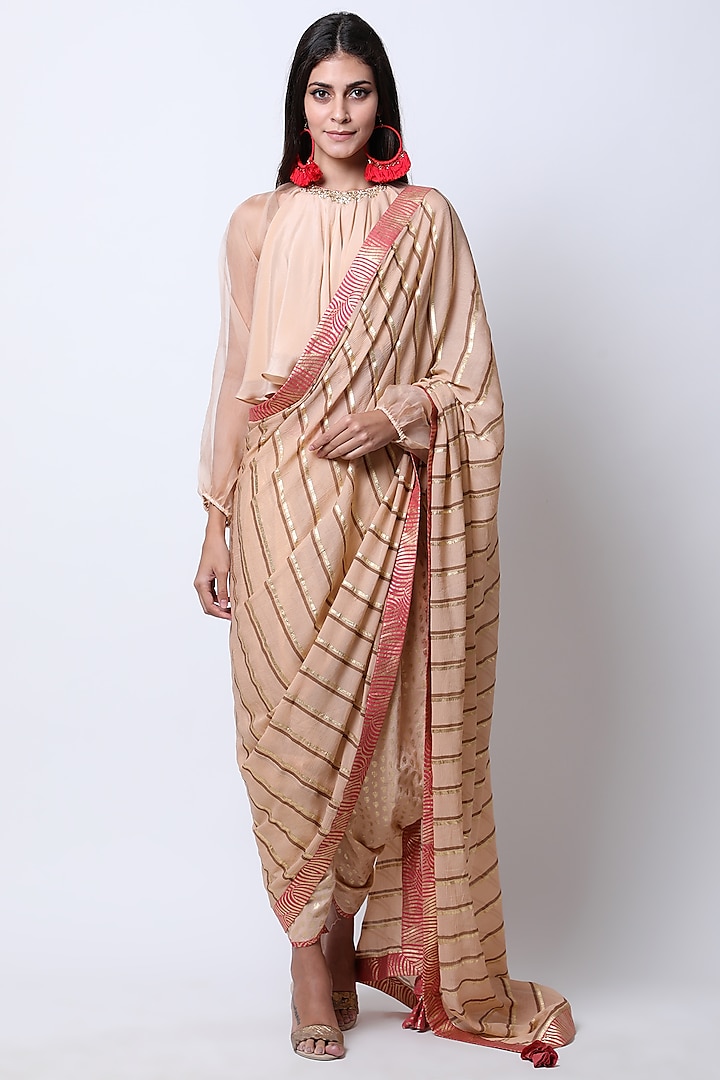 Nude Embroidered & Leheriya Pant Party Wear Saree Set by Nikasha at Pernia's Pop Up Shop