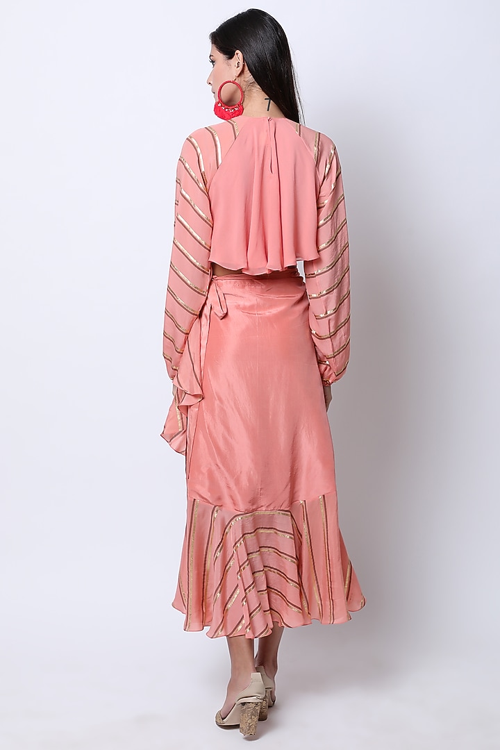 Vintage Rose Peach Printed Wrap Skirt With Embroidered Crop Top by Nikasha at Pernia's Pop Up Shop
