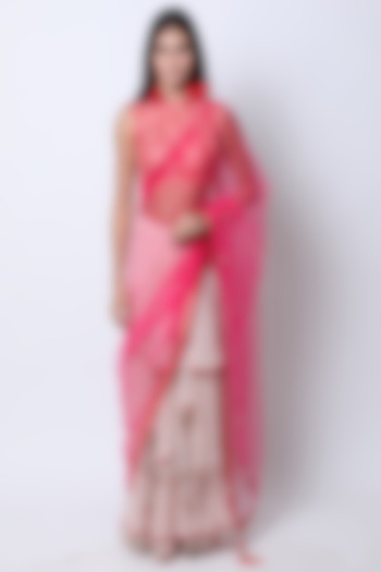 Rani Pink & Red Georgette Aari Embroidered & Lotus Printed Pre-Stitched Saree Set by Nikasha