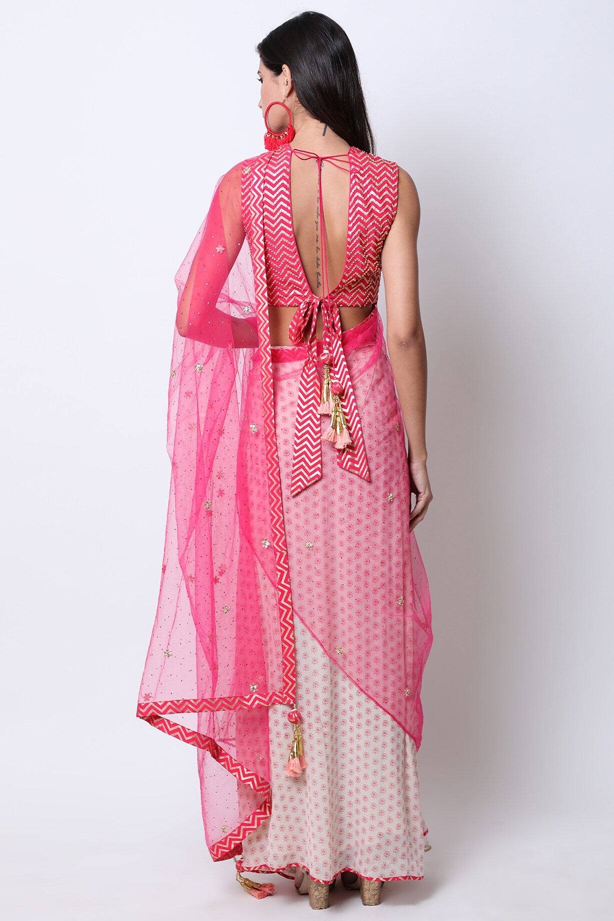 Rani Pink & Red Georgette Aari Embroidered & Lotus Printed Pre-Stitched ...