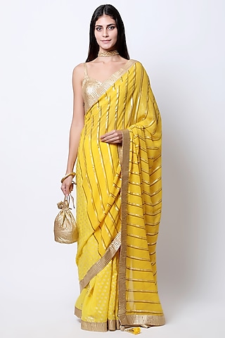 Yellow Embroidered & Printed Saree Set by Nikasha