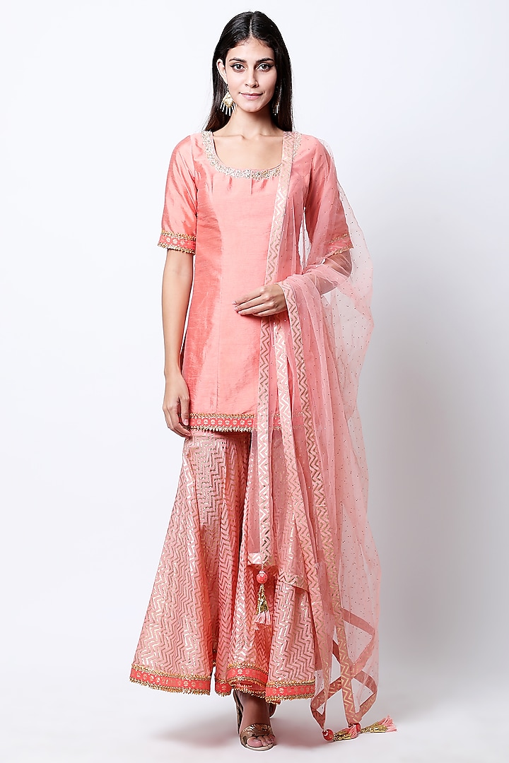 Blush Pink Embroidered & Printed Sharara Set by Nikasha