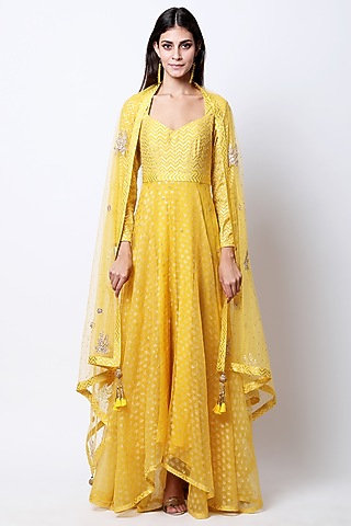 Yellow Embroidered & Printed Kurta Set by Nikasha