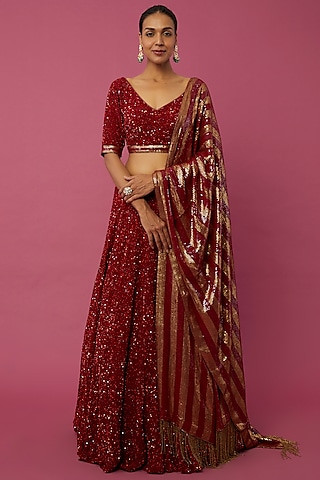 Cadmium Red Embroidered Lehenga Set by Nakul Sen