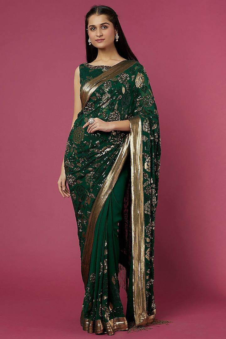 Emerald Green Embroidered Saree Set by Nakul Sen at Pernia's Pop Up Shop