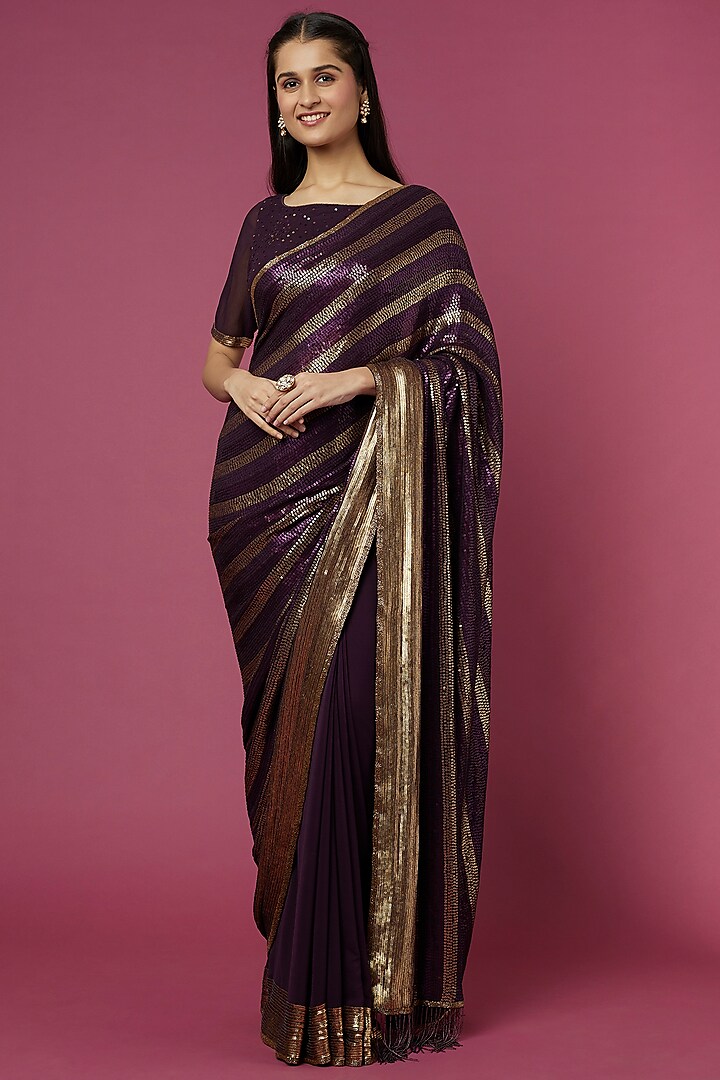 Wine Embroidered Saree Set by Nakul Sen