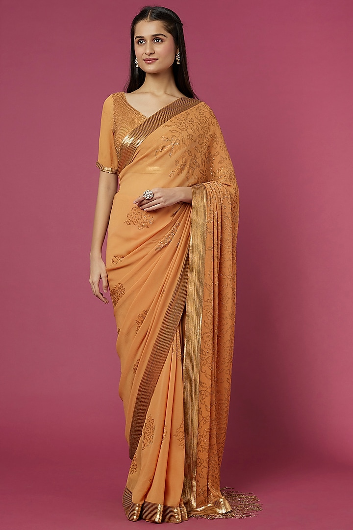 Orange Embroidered Saree Set by Nakul Sen