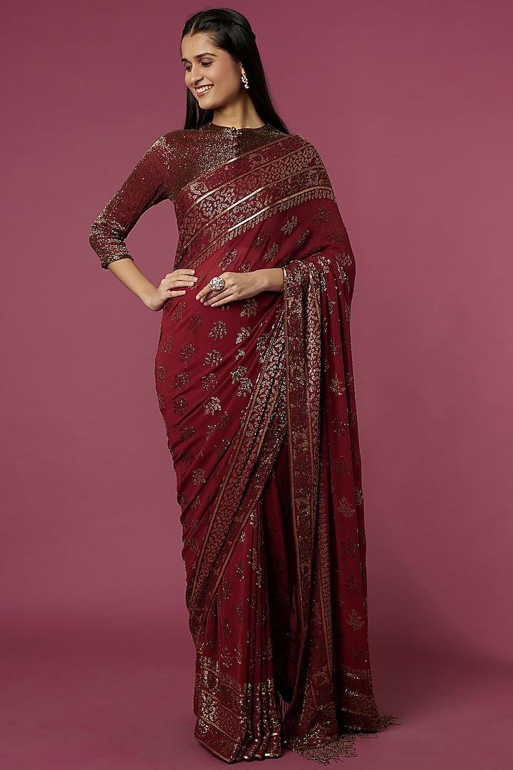 Red Embroidered saree Set by Nakul Sen