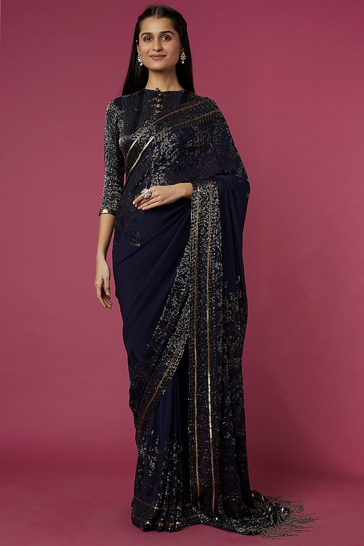 Navy Blue Sequins Embroidered saree Set by Nakul Sen
