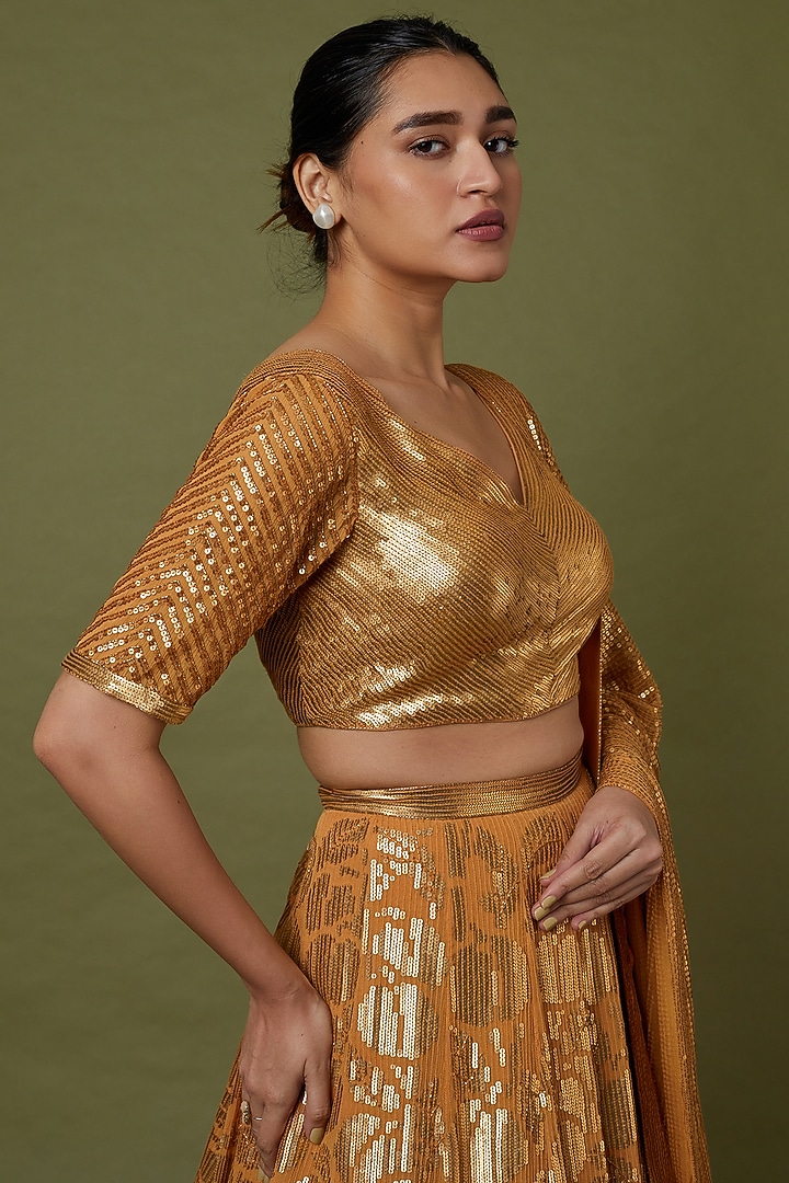 Mandarin Orange Silk Chiffon Bridal Lehenga Set by Nakul Sen at Pernia's Pop Up Shop