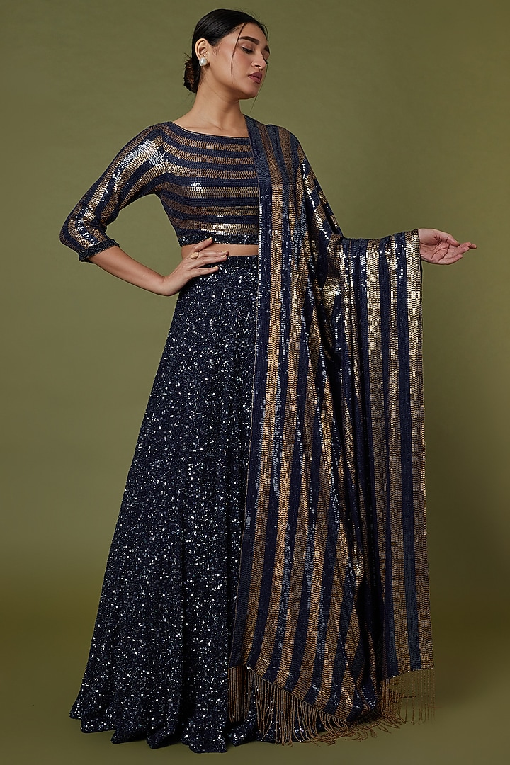 Navy Blue Embroidered Bridal Lehenga Set by Nakul Sen at Pernia's Pop Up Shop