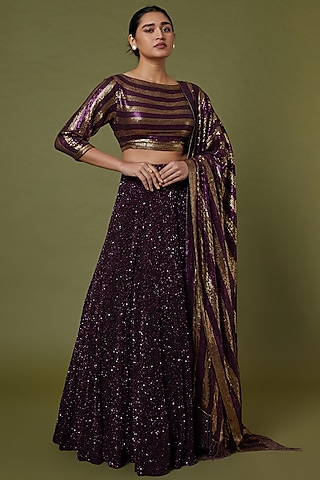 Aubergine Embroidered Lehenga Set by Nakul Sen