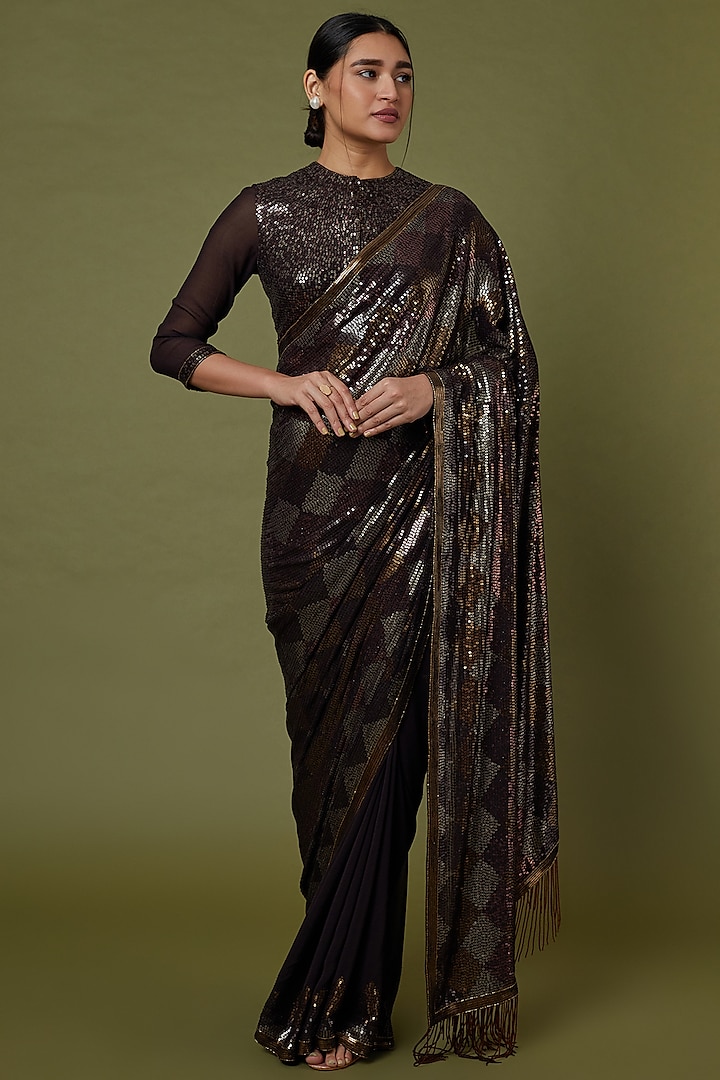 Coffee Brown Chiffon Sequins Embroidered Saree Set by Nakul Sen