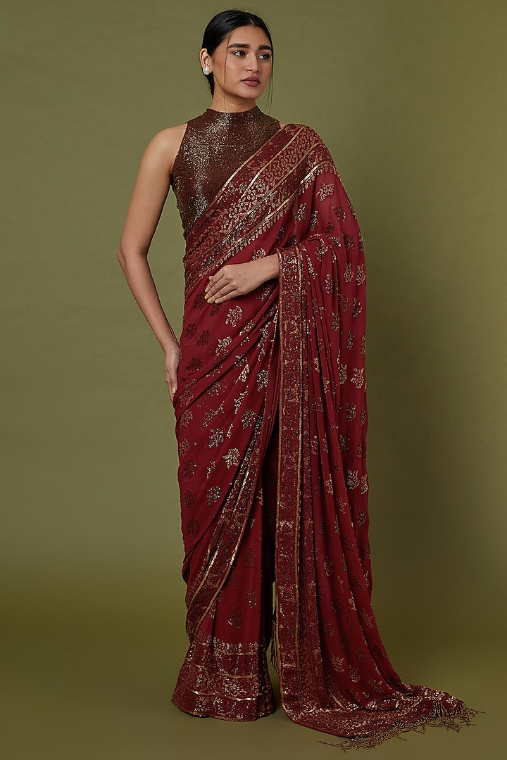 Red Chiffon Embroidered Saree Set by Nakul Sen