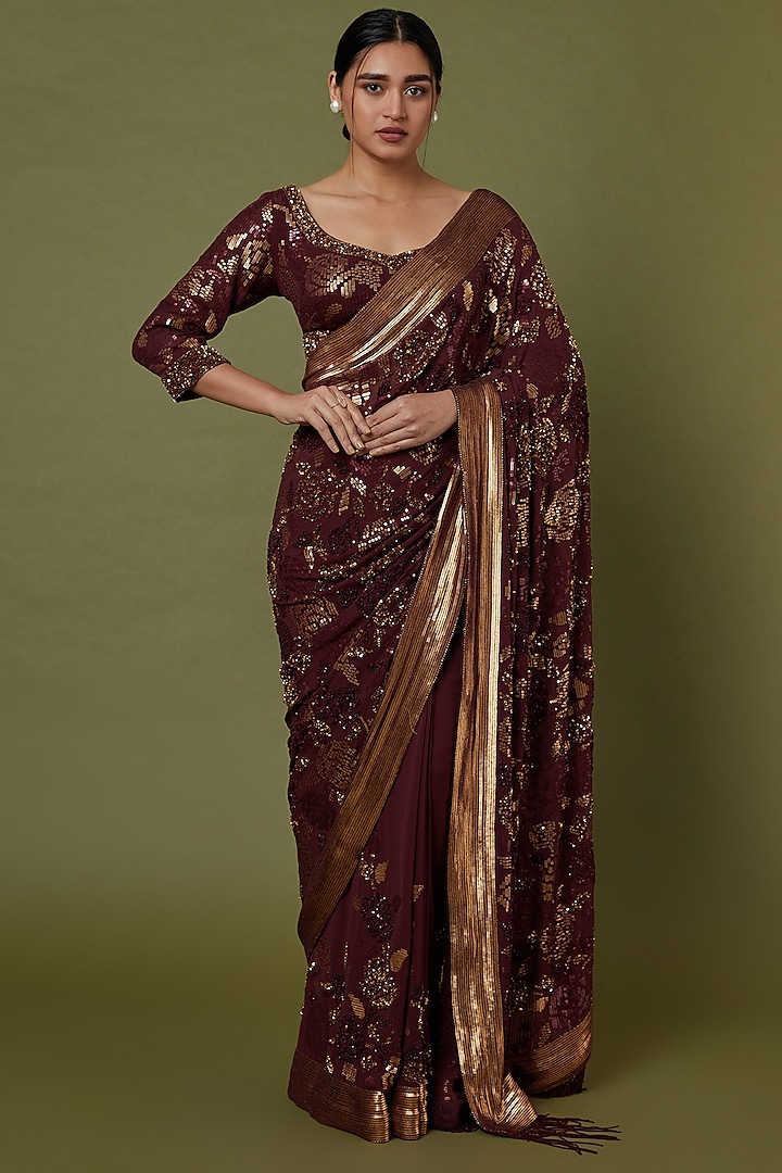 Wine Chiffon Sequins Embroidered Saree Set by Nakul Sen