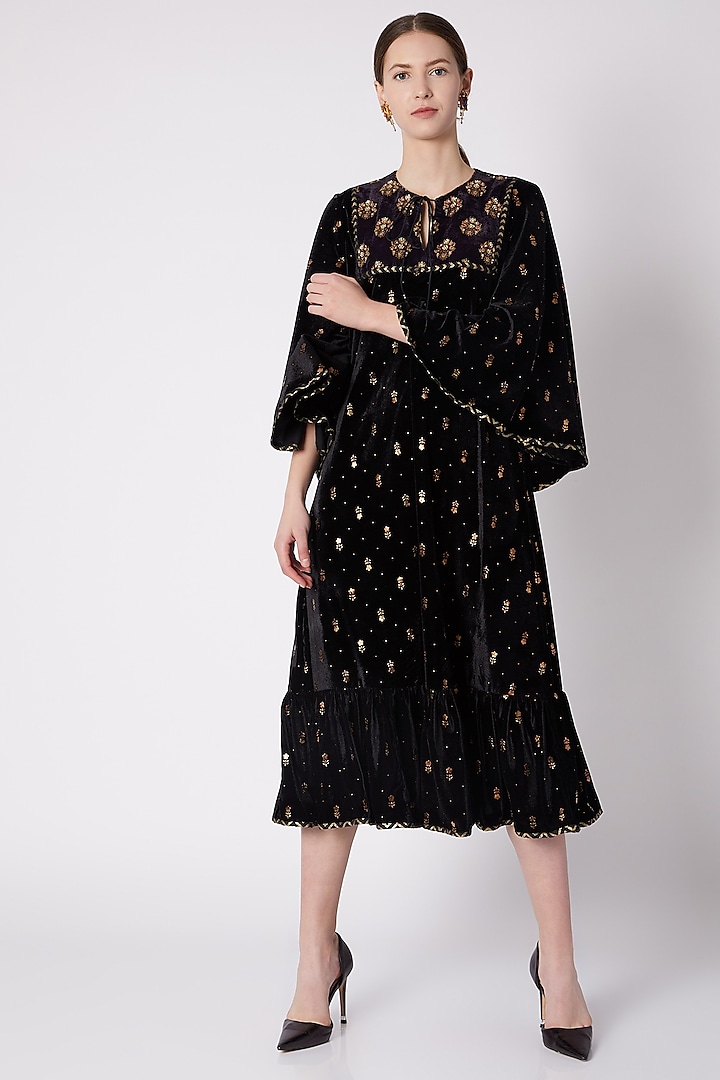 Black & Gold Printed Embroidered Dress by Nikasha