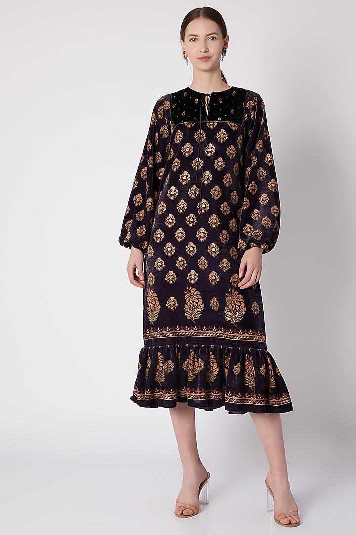 Black & Gold Floral Printed Dress by Nikasha