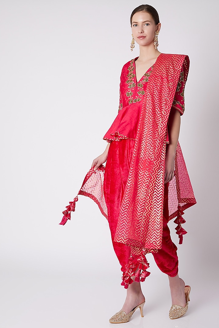 Red Rose Embroidered Dhoti Set by Nikasha